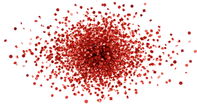 Hundreds of vibrant, glossy, metallic red confetti pieces frozen in a dynamic burst against a transparent studio background. Concept of joyful celebration