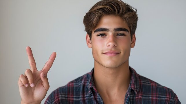 Handsome young man giving peace sign with relaxed expression