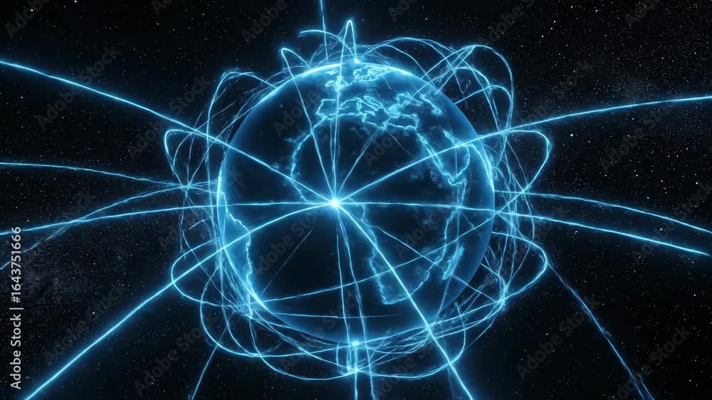 Poster global network connections - glowing blue lines emanate from a dark globe, intertwining to represent