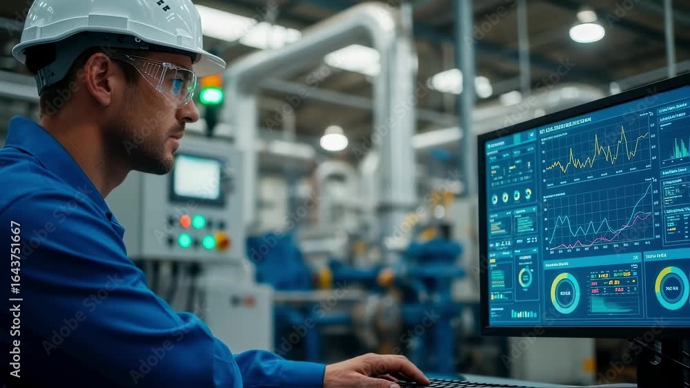 Aufkleber factory operator reviewing iotenabled industrial devices data on computer monitor.