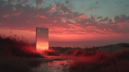 Surreal mirror reflecting stars in glowing red field under twilight sky.