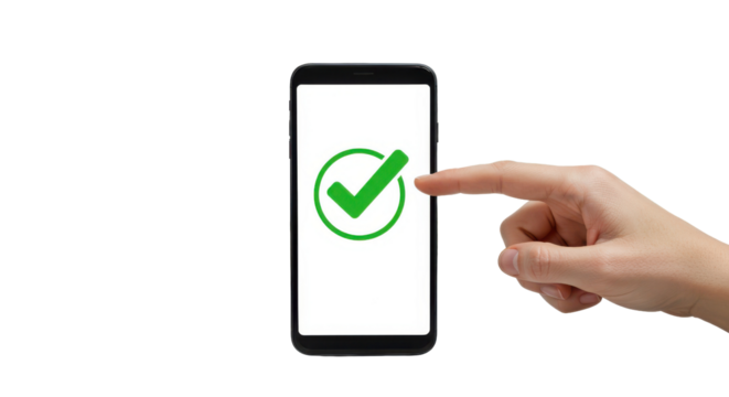 Finger touching a smartphone screen with checkmark isolated PNG with Transparent Background