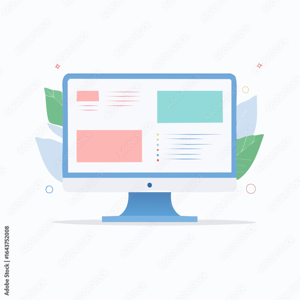 Poster abstract monitor display with web interface and leaves on a white