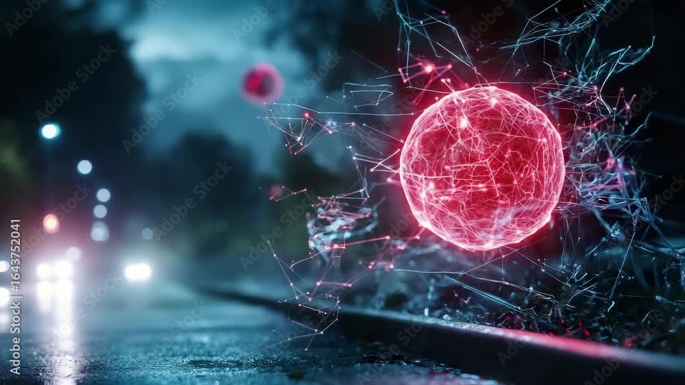 Poster digital red virus particle glowing with network connections floating near dark wet street night crea