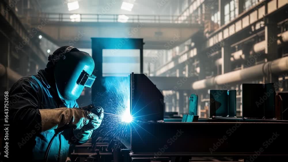 Poster dynamic view of arc welding against backdrop of metal structures.