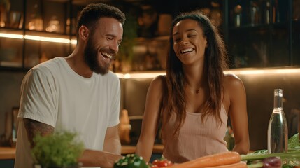 Happy couple cooking healthy food together in kitchen at home preparing meal for wellness lifestyle