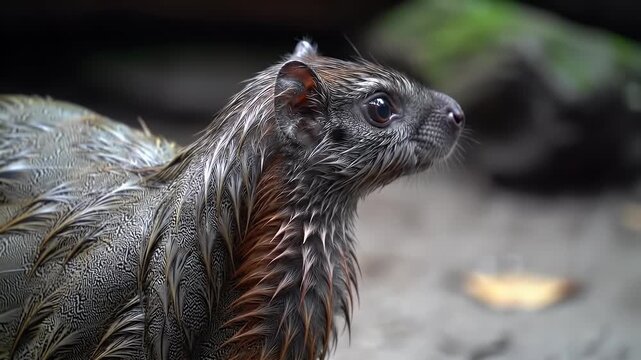 Close-up portrait of a wet, dark-furred rodent-like mammal, possibly an agouti or paca, with reddish-brown highlights, looking alert in a natural h...