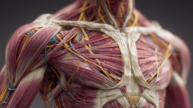 Close-up view of human torso muscle fibers in anatomical detail on dark background.