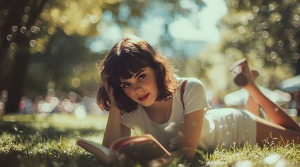 Beautiful woman reading book in park lying on grass enjoying summer day leisure lifestyle and relaxation