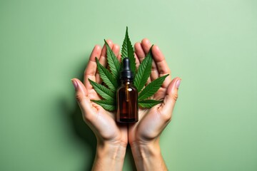 CBD Oil Dropper Bottle Held in Hands with Cannabis Leaf