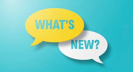 Two speech bubbles with the text Whats New on a blue background representing conversation and inquiry