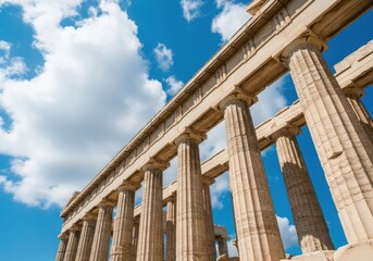 Ancient greek parthenon ruins with columns and a cloudy blue sky