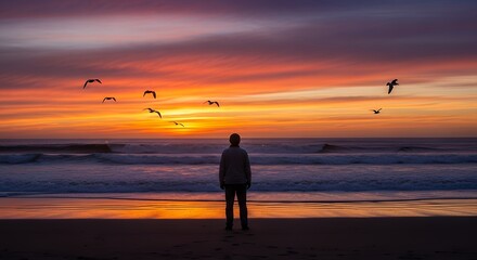 A beautiful couple's silhouette is walking on the beach at sunset, with the sun's reflection on the water and clouds painting the sky