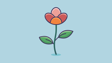 Simple cartoon flower with green stem and two leaves on blue background for minimal line-art children&rsquo;s book