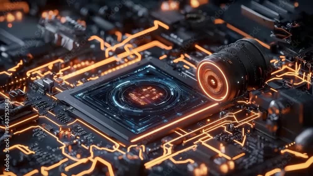 Poster close up of futuristic electronic circuit board with glowing orange pathways and central microchip e