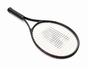 High-quality image of a black tennis racket with white strings, isolated on a clean white background.