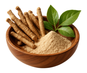 Ashwagandha roots, powder, and leaves in a wooden bowl.