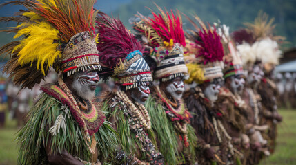 Line of Papua New Guinea Tribesmen in Green Leaf and Feather Headdresses Performing at Goroka Show Cultural Festival