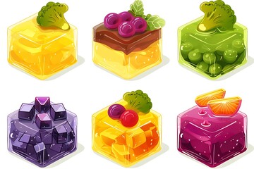 Vibrant Fruit and Vegetable Jelly Cubes:  Cartoon Style,  Sweet and Playful Mood,  Perfect for Dessert or Game Design.
