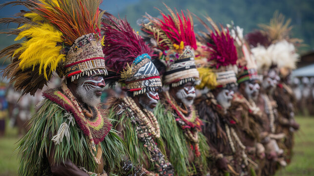 Line of Papua New Guinea Tribesmen in Green Leaf and Feather Headdresses Performing at Goroka Show Cultural Festival
