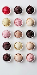 Colorful Ice Cream Scoops in White Bowls on White Background