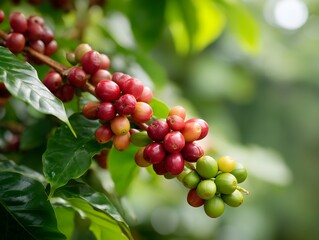 "Coffee Bean Harvest on Lush Tree"