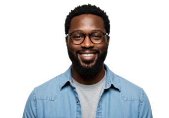 Adult African American man with a short beard and stylish tortoise-shell eyeglasses, wearing a denim shirt, smiling confidently on a transparent studio background. Concept of professional trust