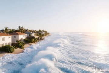 Stunning ocean waves crashing on the shore at sunset near coastal homes.