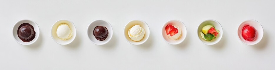 Assorted Colorful Dessert Scoops in White Bowls on Clean Background