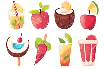 Vibrant Summer Fruit Drinks and Treats:  Cartoon Style Illustrations