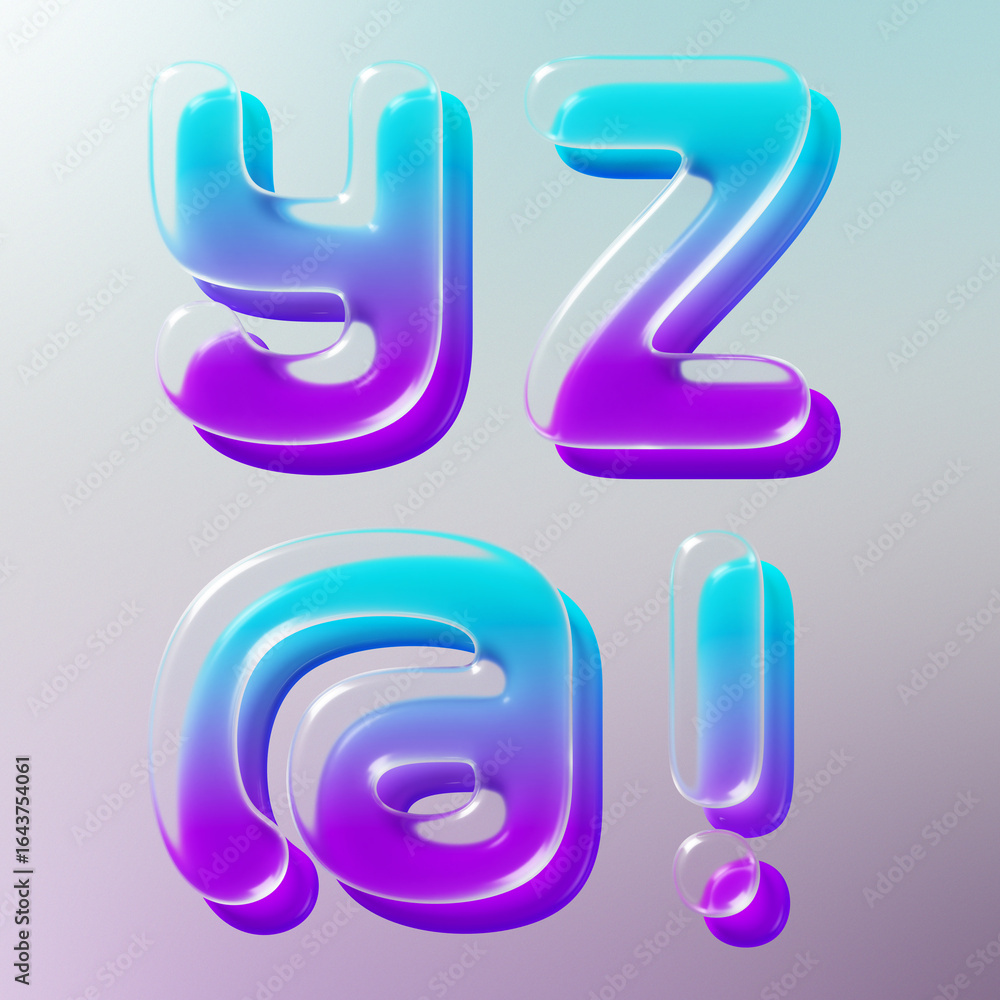 Aufkleber set of 3d rendered letters made of transparent glass with smooth gradient backdrop