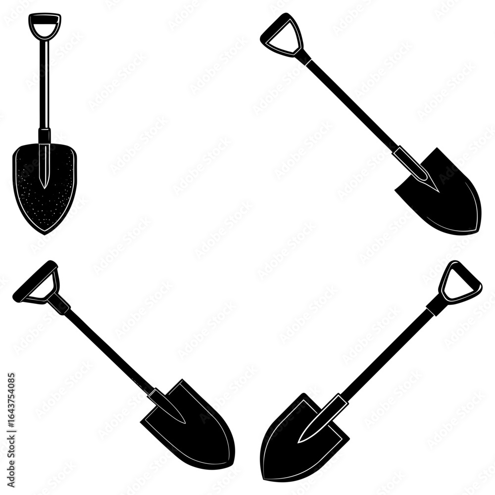 Poster four shovel illustrations arranged in a square pattern with varying angles and orientations on white