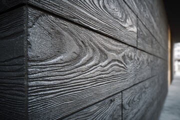 Modern brown wood plank texture. Fiber cement siding. Exterior of composite wall. Plastic material is eco-friendly polymer panels in rows. Wooden grain surface. Hollow WPC boards. Dark oak color. PE.