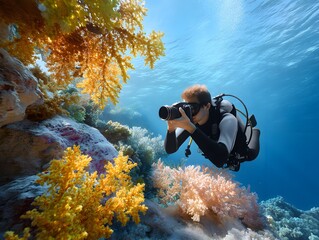 Underwater Photographer Capturing Colorful Coral Reef