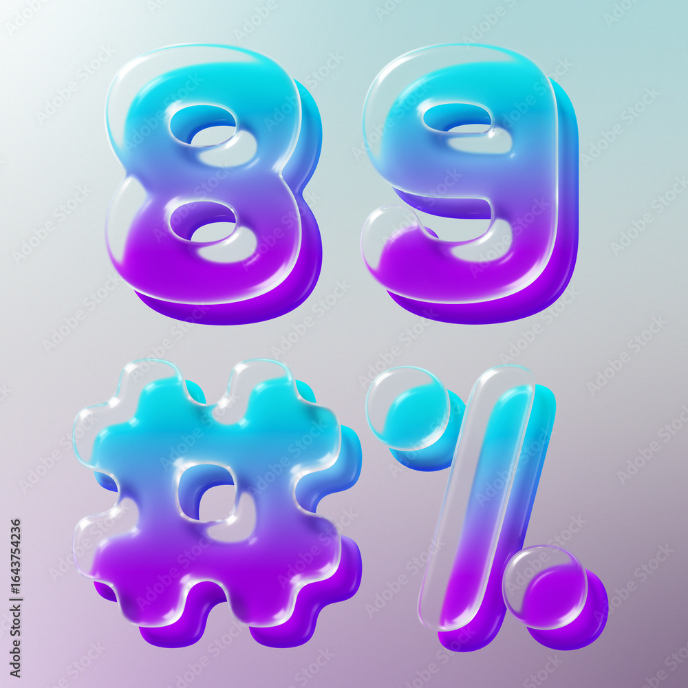 Aufkleber set of 3d rendered letters made of transparent glass with smooth gradient backdrop