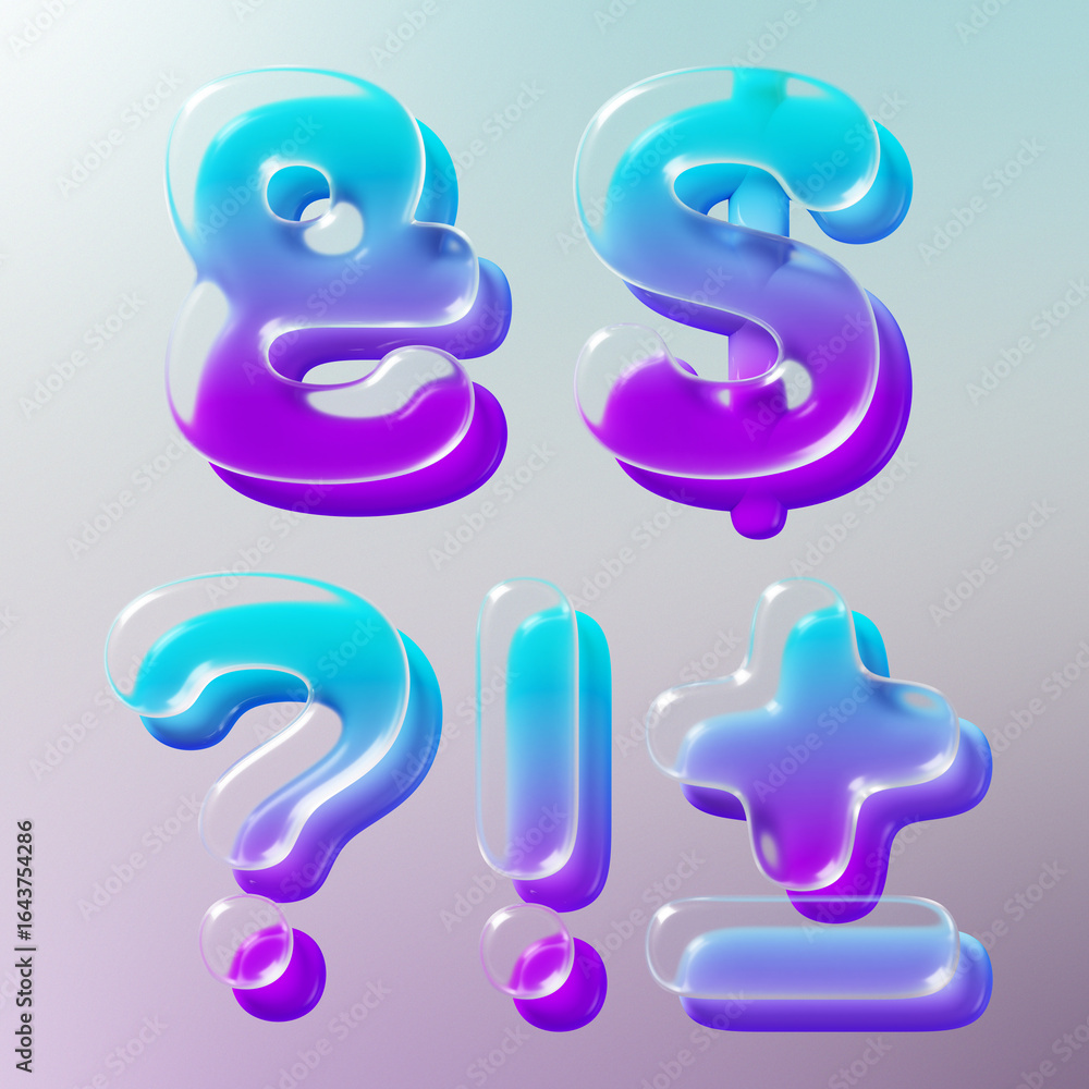 Aufkleber set of 3d rendered letters made of transparent glass with smooth gradient backdrop