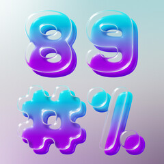 Set of 3d Rendered letters made of transparent glass with smooth gradient backdrop