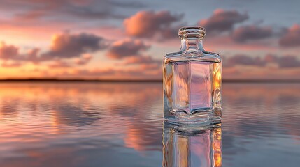 Clear glass bottle on tranquil water at sunset