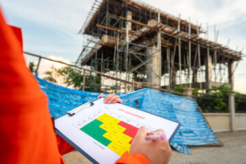 Action of a project manager is writing on risk assessment matrix form to rating the risk of house...