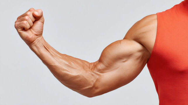 Muscular forearm flexed in red sleeveless shirt, showing defined veins and strong muscle, isolated on light background