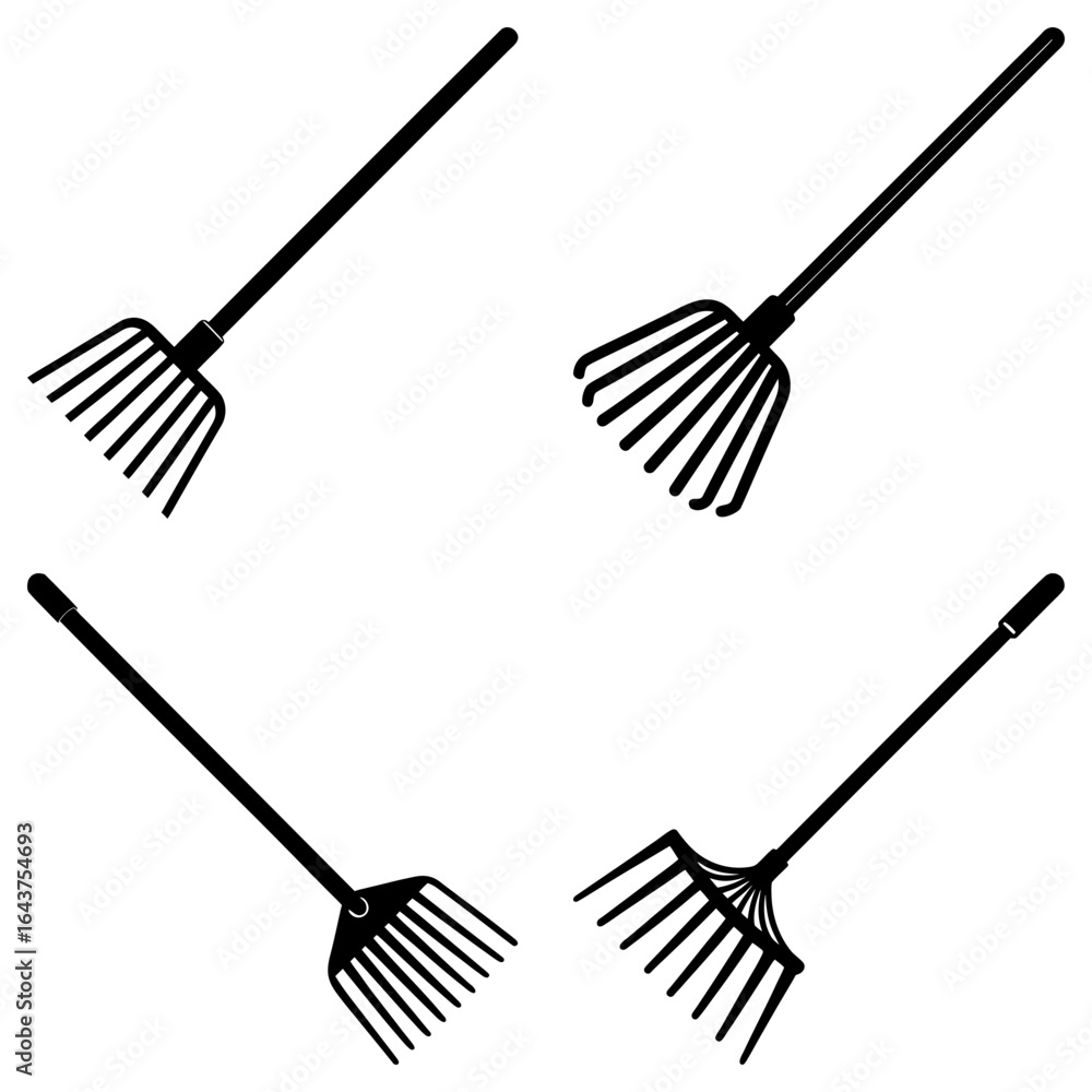 Poster four black rakes with long handles and multiple tines arranged on a white background pattern art