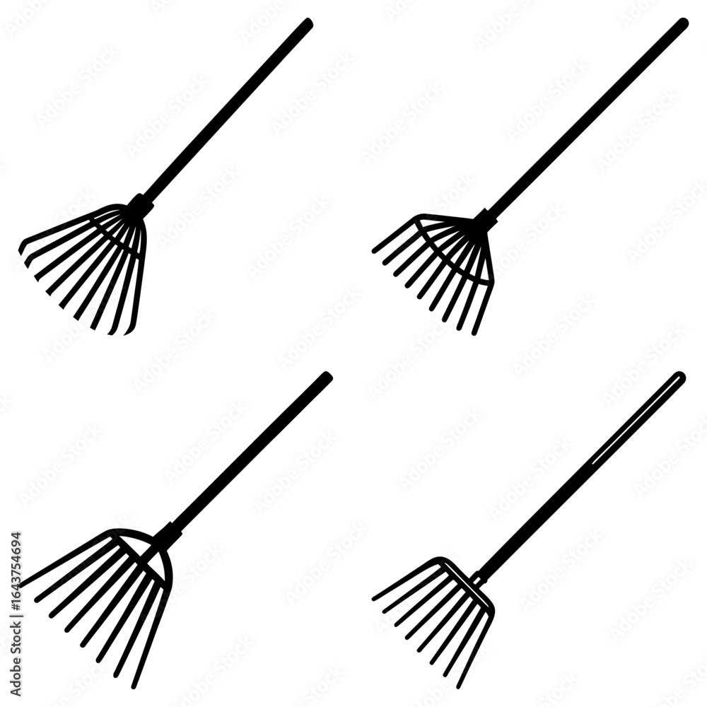 Poster four rakes with long handles and tines arranged in a grid pattern isolated on a white background ima