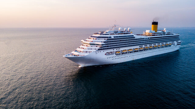 Cruise ships sail the sea, taking passengers or tourists on sea trips to various destinations around the world.