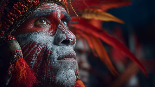 Traditional Warrior Portrait with Red and White Face Paint and Feathered Headdress at the Goroka Show Cultural Festival Papua New Guinea