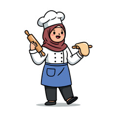 Muslim female chef with hijab holding rolling pin and oven mitt