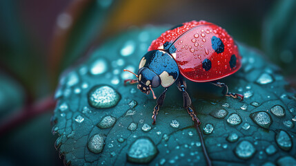 A vibrant red ladybug with black spots is captured in a detailed close up shot, gently resting on a large green leaf adorned with sparkling fresh water droplets.