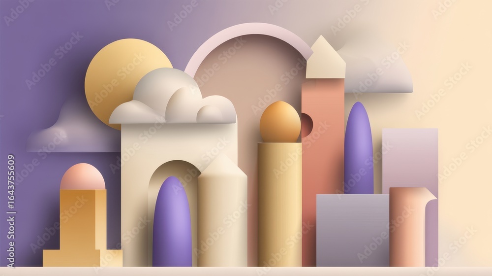 Poster abstract geometric shapes in soft colors with clouds and sun.