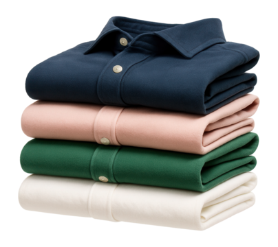 Neatly stacked pile of folded shirts in various colors.