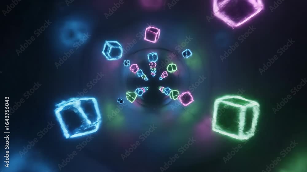 Poster neon geometric shapes spinning in futuristic tunnel - abstract animation of glowing neon geometric s