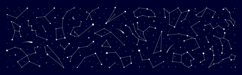 Star constellation border with night sky map in background, vector zodiac signs. Stars constellation border with galaxy starry sky for mystic astrology, esoteric magic and horoscope or space astronomy © Vector Tradition